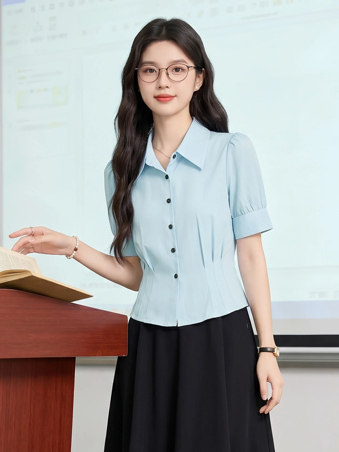 Slim Fit Blue Workwear Shirt Women Summer Thin New Waist Inward Slimming Commute Office Formal Shirt Button Detail Polyester ...
Slim Fit Blue Workwear Shirt Women Summer Thin New Waist Inward Slimming Commute Office Formal Shirt Button Detail Polyester ...
