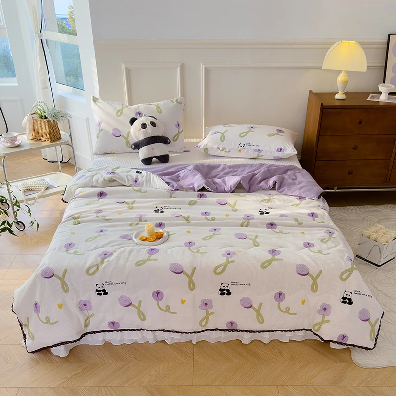 Purple Flowers with Panda Cartoon Summer Quilt Air Conditioned Quilts Lace Edge Breathable Cool Quilt Soft Washable Refreshing
Purple Flowers with Panda Cartoon Summer Quilt Air Conditioned Quilts Lace Edge Breathable Cool Quilt Soft Washable Refreshing