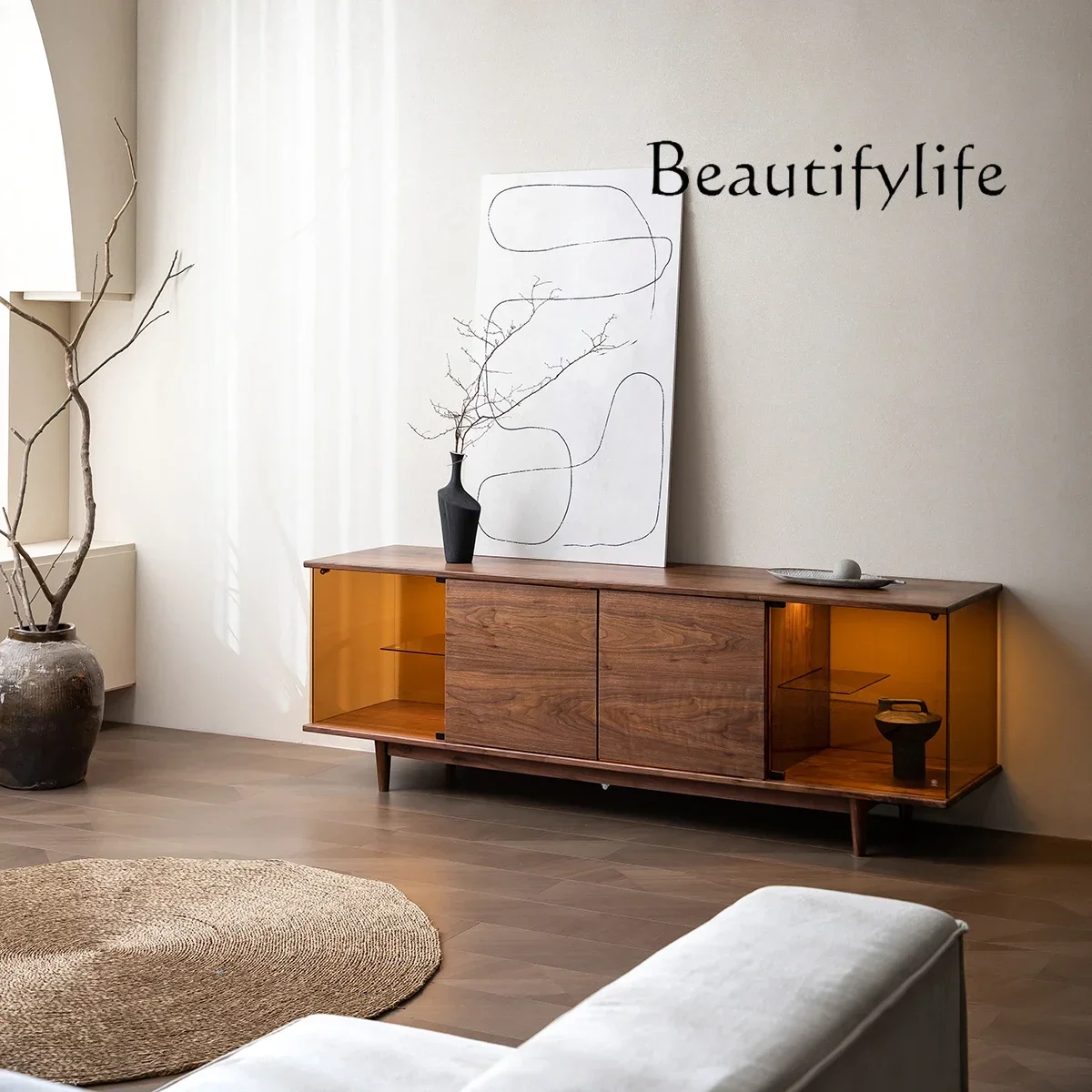 N40 Nordic Japanese-style black walnut TV cabinet pure solid wood medieval living room display simple glass locker
N40 Nordic Japanese-style black walnut TV cabinet pure solid wood medieval living room display simple glass locker