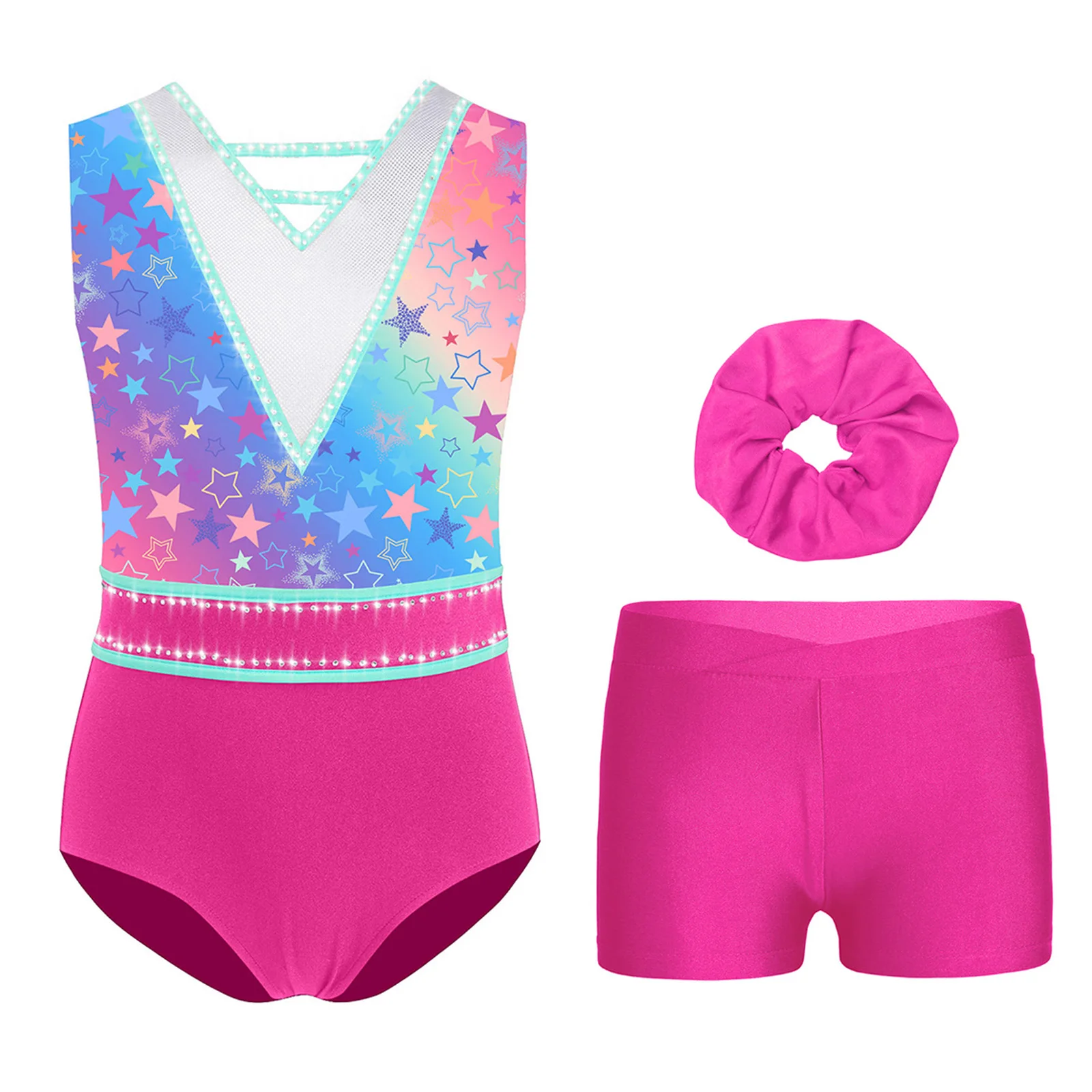 3Pcs Kids Girls Gymnastics Ballet Dance Outfit Fashion Printed V-Neck U-Back Sleeveless Rhinestones Leotard+Shorts+Hairband Set
3Pcs Kids Girls Gymnastics Ballet Dance Outfit Fashion Printed V-Neck U-Back Sleeveless Rhinestones Leotard+Shorts+Hairband Set