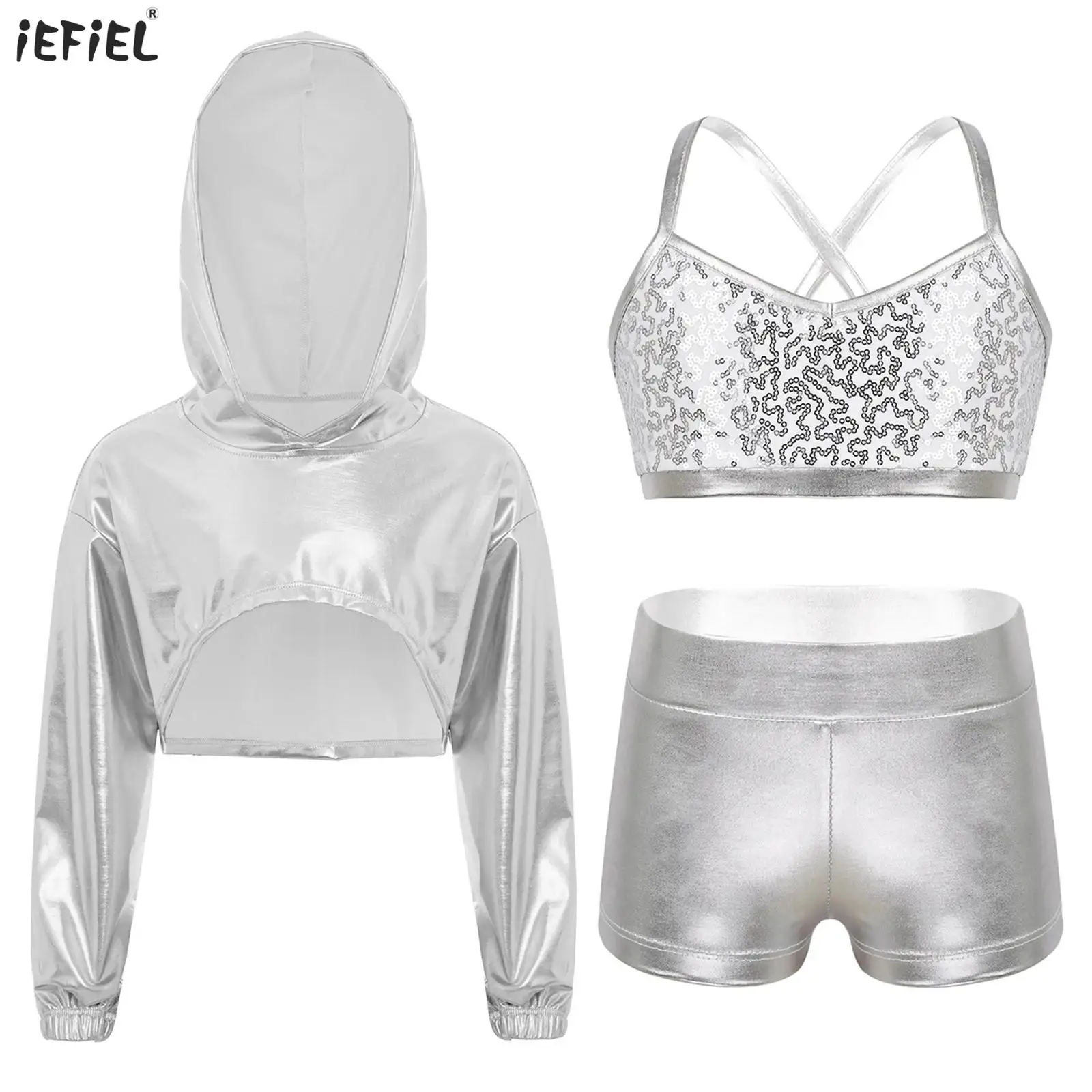 Kids Girls Hip-Hop Dance Outfit Metallic Long Sleeve Asymmetrical Hem Cropped Hoodie Top with Shiny Sequins Vest Top and Shorts
Kids Girls Hip-Hop Dance Outfit Metallic Long Sleeve Asymmetrical Hem Cropped Hoodie Top with Shiny Sequins Vest Top and Shorts