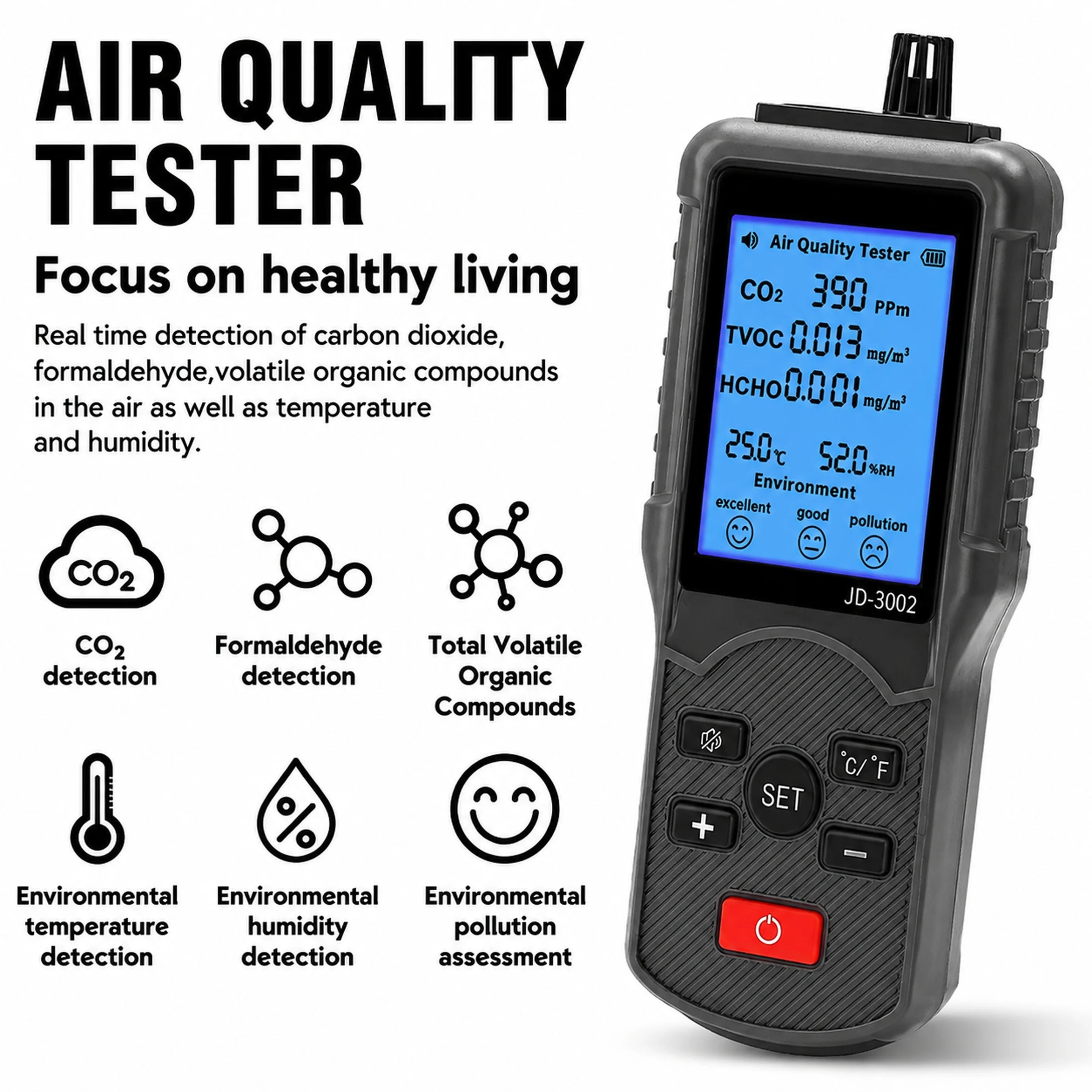 Air Quality Tester CO2 TVOC HCHO Monitor Indoor Home Air Quality Detector Formaldehyde CO2 Humidity Tester for New House Car
Air Quality Tester CO2 TVOC HCHO Monitor Indoor Home Air Quality Detector Formaldehyde CO2 Humidity Tester for New House Car