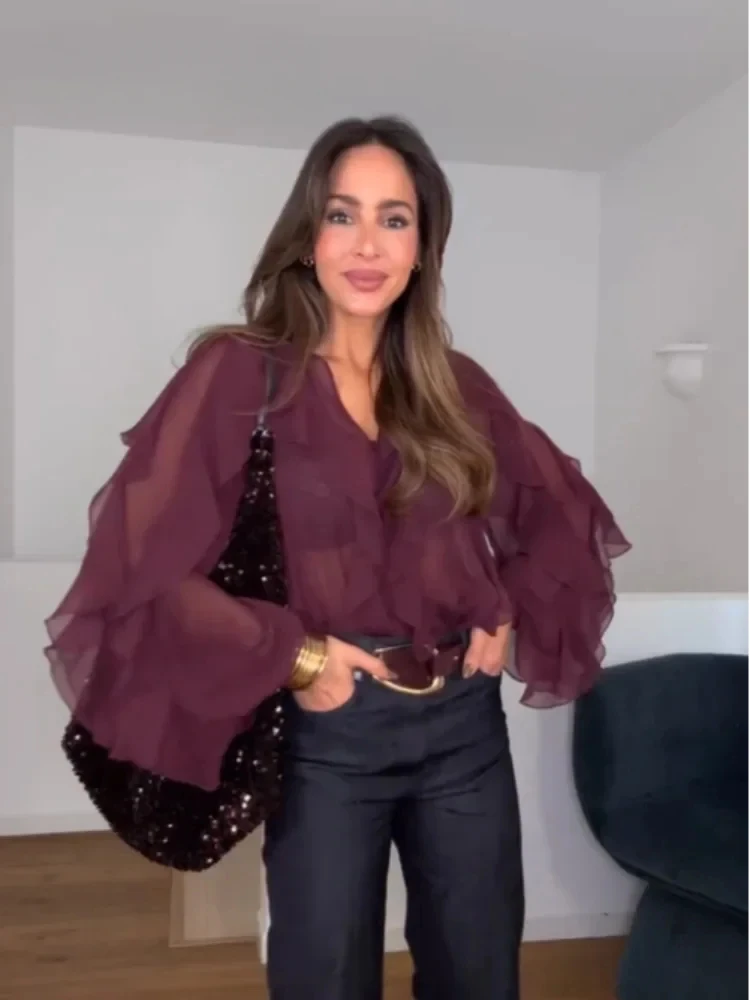 Elegant Solid Layer Ruffle V-neck Loose Shirts New Women's Burgundy Long Sleeved Gauze Blouse 2025 New Spring Casual Commute Top
Elegant Solid Layer Ruffle V-neck Loose Shirts New Women's Burgundy Long Sleeved Gauze Blouse 2025 New Spring Casual Commute Top