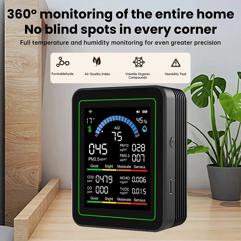 Tuya WiFi 10-in-1 Air Quality Detector CO2 Monitor PM0.3 PM1.0 PM2.5 PM10 Formaldehyde Detector Temperature and Humidity Meter
Tuya WiFi 10-in-1 Air Quality Detector CO2 Monitor PM0.3 PM1.0 PM2.5 PM10 Formaldehyde Detector Temperature and Humidity Meter