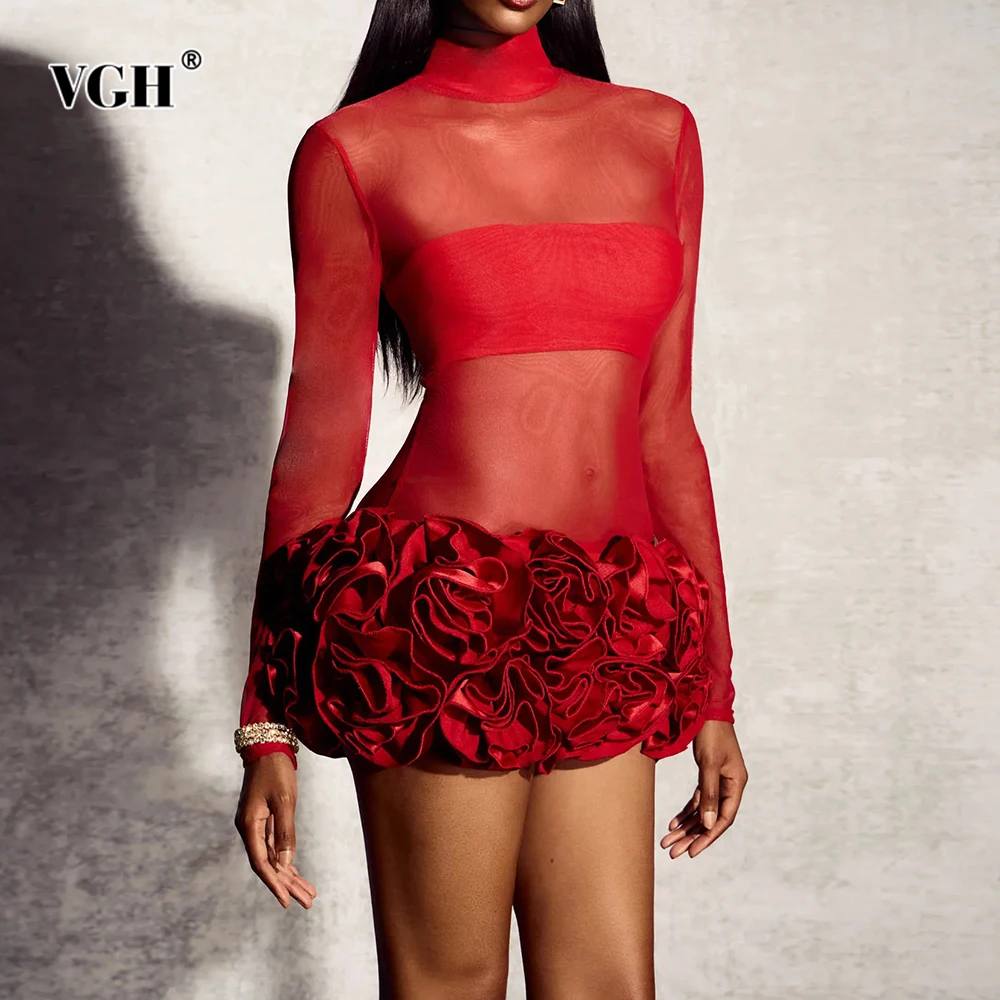 VGH Red Color Sexy Perspective Mini Dresses for Women Stand Collar Long Sleeve Low Waist Temperament Club Ball Gown Female New
VGH Red Color Sexy Perspective Mini Dresses for Women Stand Collar Long Sleeve Low Waist Temperament Club Ball Gown Female New