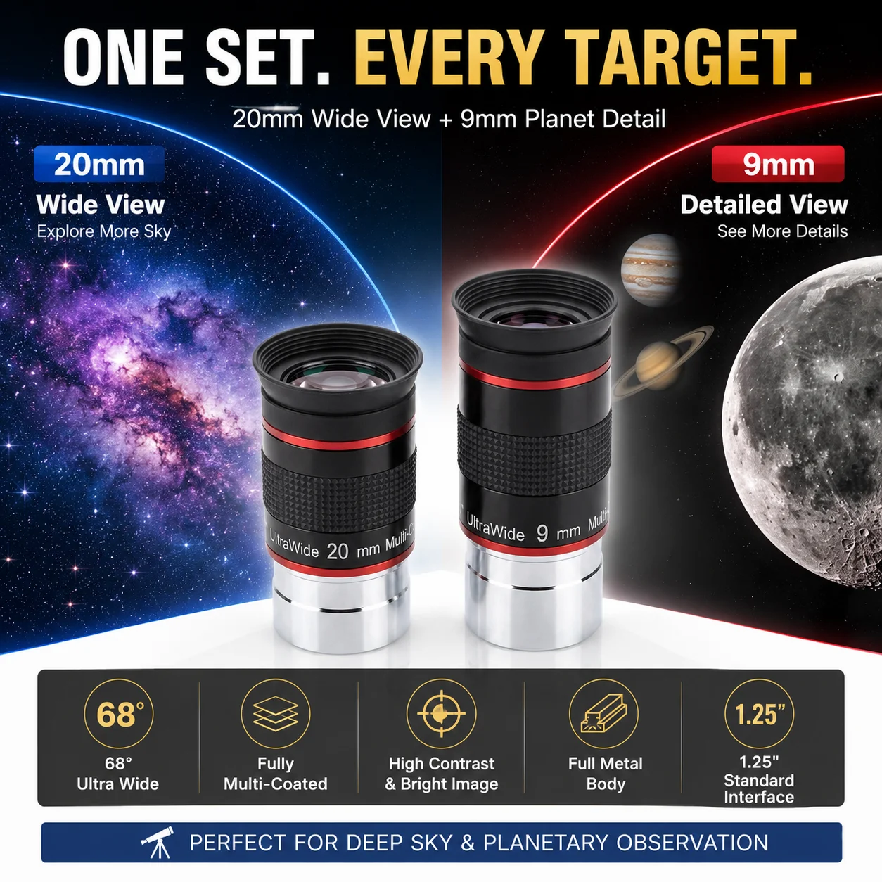 1.25" 68° Ultra Wide Telescope Eyepiece Set 20mm 9mm FMC Fully Multi-Coated for Moon Planet Deep Sky
1.25" 68° Ultra Wide Telescope Eyepiece Set 20mm 9mm FMC Fully Multi-Coated for Moon Planet Deep Sky