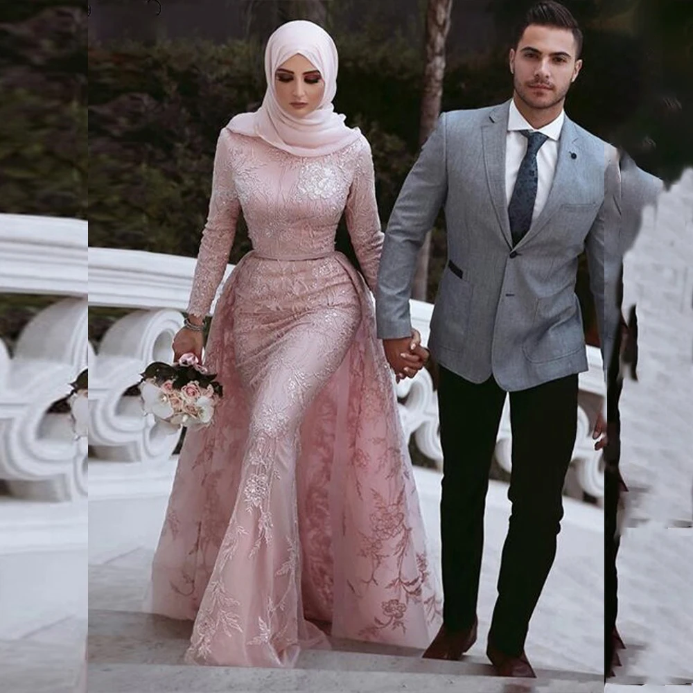 Pink Wedding Dresses for Muslim with Hijab High Neck Long Sleeve Lace Mermaid Garden Bridal Gowns vestidos de novia Customized
Pink Wedding Dresses for Muslim with Hijab High Neck Long Sleeve Lace Mermaid Garden Bridal Gowns vestidos de novia Customized