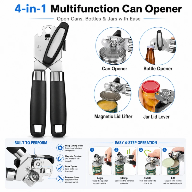 4-in-1 Can Opener Tool, Smooth Edge Safety Cutter, Magnetic Beer Soda Popper, Senior-friendly Kitchen Accessory
4-in-1 Can Opener Tool, Smooth Edge Safety Cutter, Magnetic Beer Soda Popper, Senior-friendly Kitchen Accessory