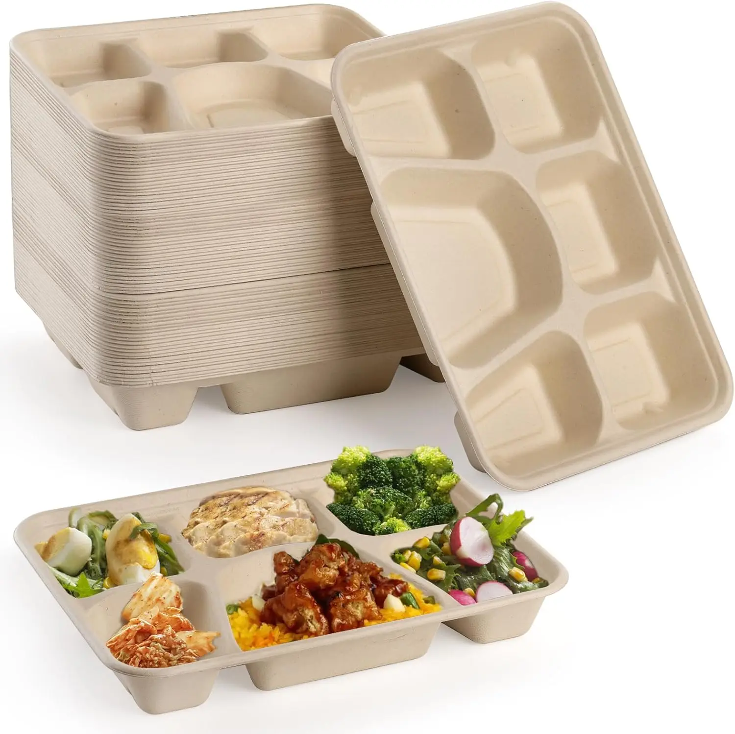 Disposable Paper Plates 50 Pack, 6 Compartment Lunch Trays Heavy-Duty Sugarcane Fiber, Microwavable
Disposable Paper Plates 50 Pack, 6 Compartment Lunch Trays Heavy-Duty Sugarcane Fiber, Microwavable