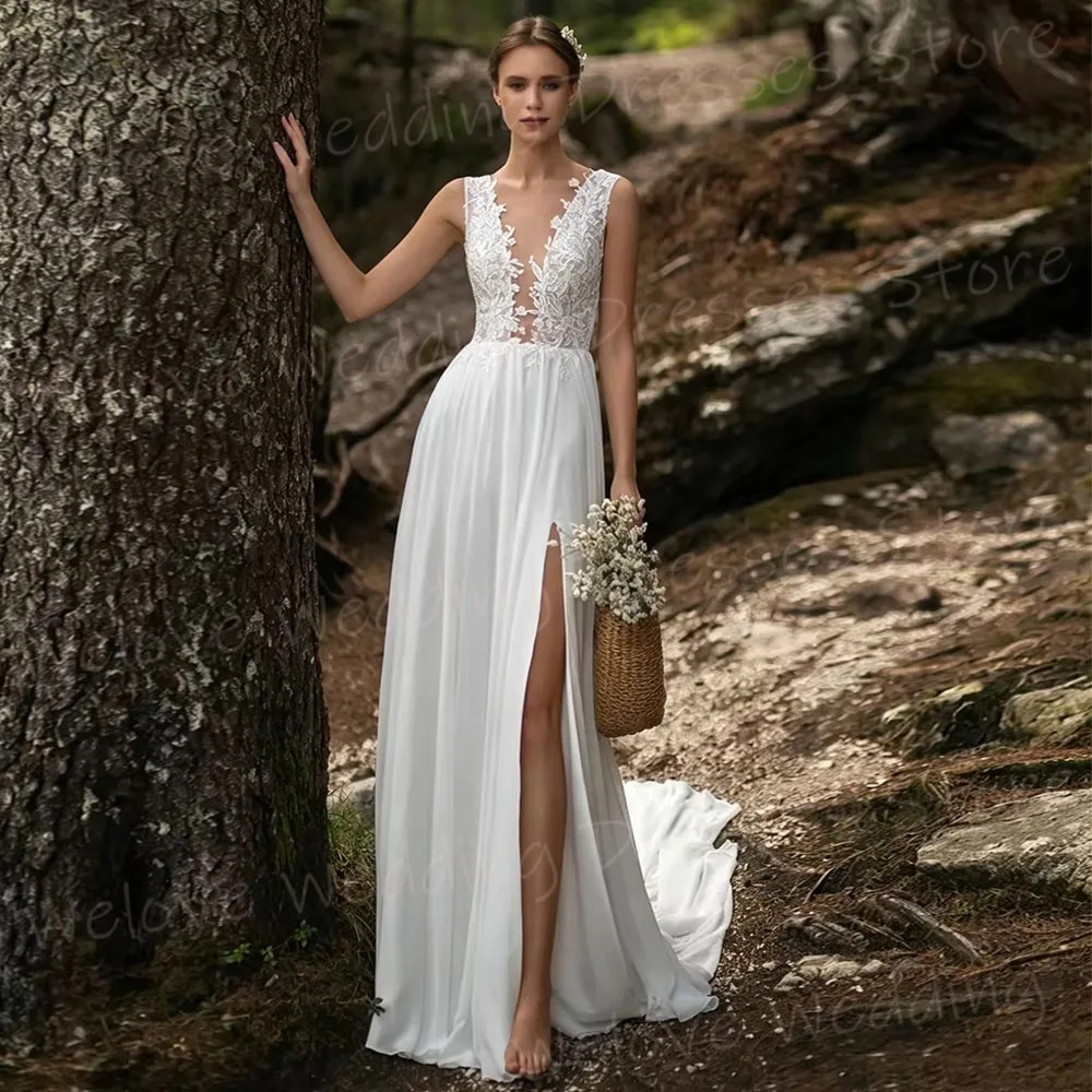 Charming A Line Women's Lace Appliques V Neck Side Slit Wedding Dresses Robe De Mariée Customized Bride Gowns Vestido De Novia
Charming A Line Women's Lace Appliques V Neck Side Slit Wedding Dresses Robe De Mariée Customized Bride Gowns Vestido De Novia