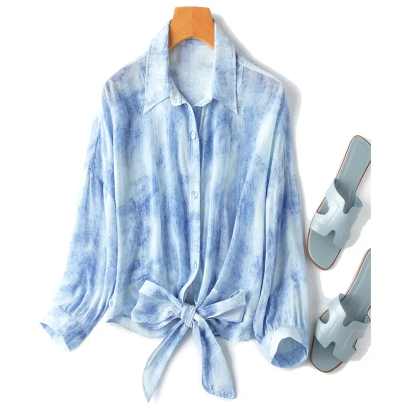 Women Silk Shirt 100% Mulberry Silk 16 Momme Crepe Silk Blue Bow Hem Collared Buttons Down Long Sleeve Loose Top Blouse MM876
Women Silk Shirt 100% Mulberry Silk 16 Momme Crepe Silk Blue Bow Hem Collared Buttons Down Long Sleeve Loose Top Blouse MM876