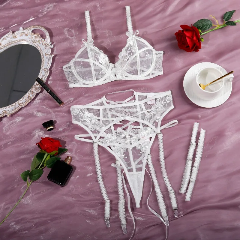 Women's Sexy Backless Sheer Mesh Erotic Lingerie Set with Bow Cross Tie Garter Belt Lace Strap Embroidered 3Pcs Bra Brief Sets
Women's Sexy Backless Sheer Mesh Erotic Lingerie Set with Bow Cross Tie Garter Belt Lace Strap Embroidered 3Pcs Bra Brief Sets