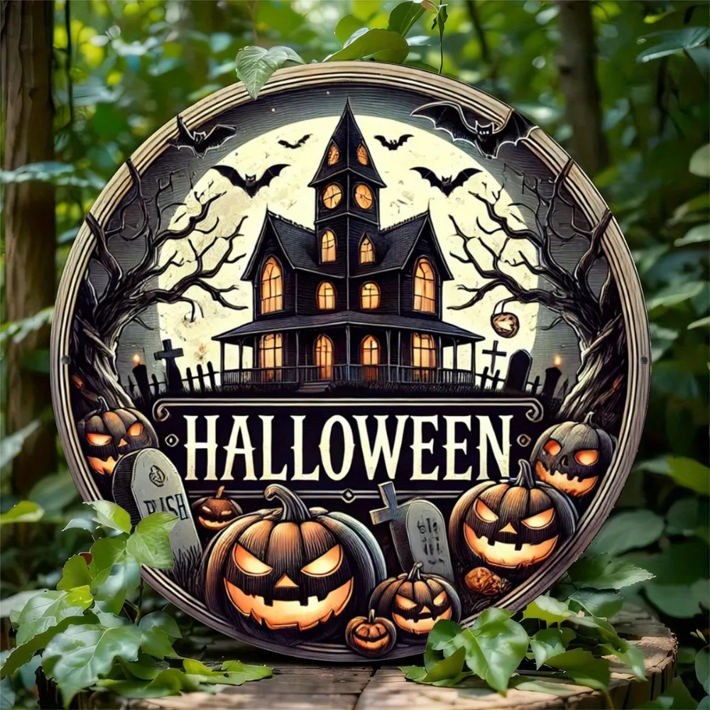 Round Aluminum Metal Halloween Sign - Haunted House with Pumpkins & Bats, Gift for Women, Halloween Decoration, 7.9"/11.8", 2D
Round Aluminum Metal Halloween Sign - Haunted House with Pumpkins & Bats, Gift for Women, Halloween Decoration, 7.9"/11.8", 2D