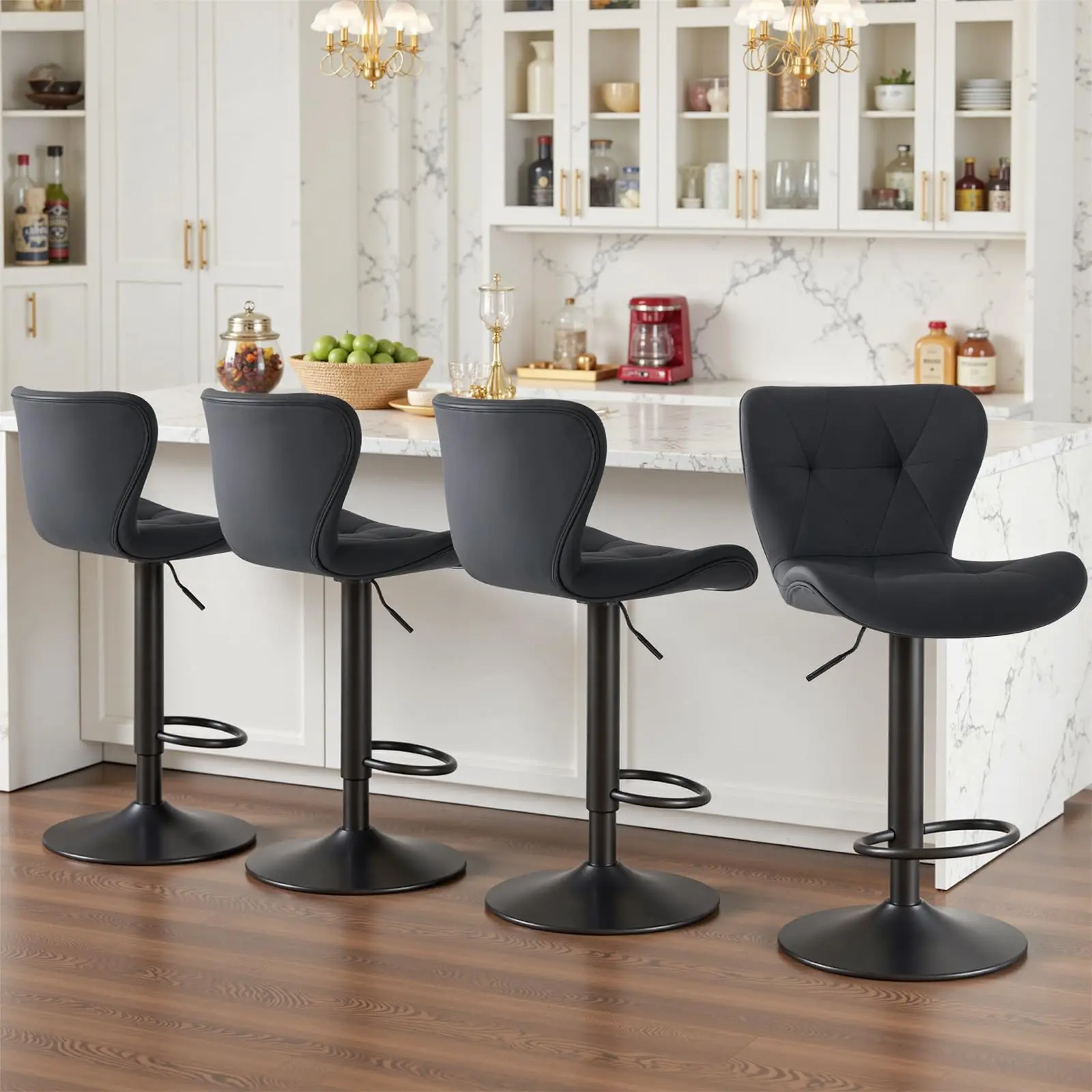 Set Of Four Black Adjustable Swivel Bar Stools With Backrest, Faux Leather Upholstery, Counter Height For Kitchen Island
Set Of Four Black Adjustable Swivel Bar Stools With Backrest, Faux Leather Upholstery, Counter Height For Kitchen Island