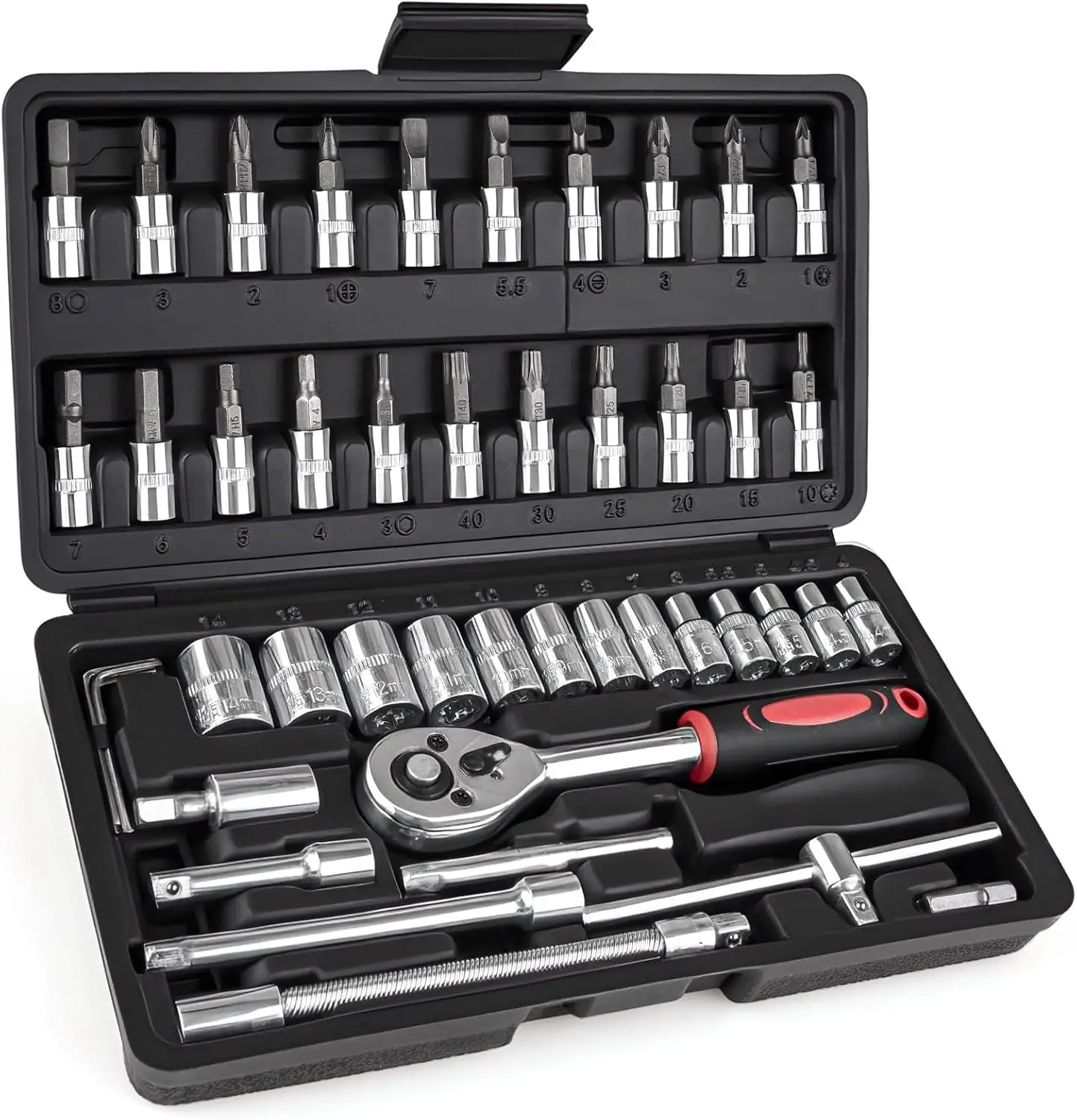 46PCS 1/4 Inches Ratchet Socket Wrench Set, Metric Socket Set, Premium Carbon Steel, Compact Car Tool Kit for Auto, Home & DIY
46PCS 1/4 Inches Ratchet Socket Wrench Set, Metric Socket Set, Premium Carbon Steel, Compact Car Tool Kit for Auto, Home & DIY