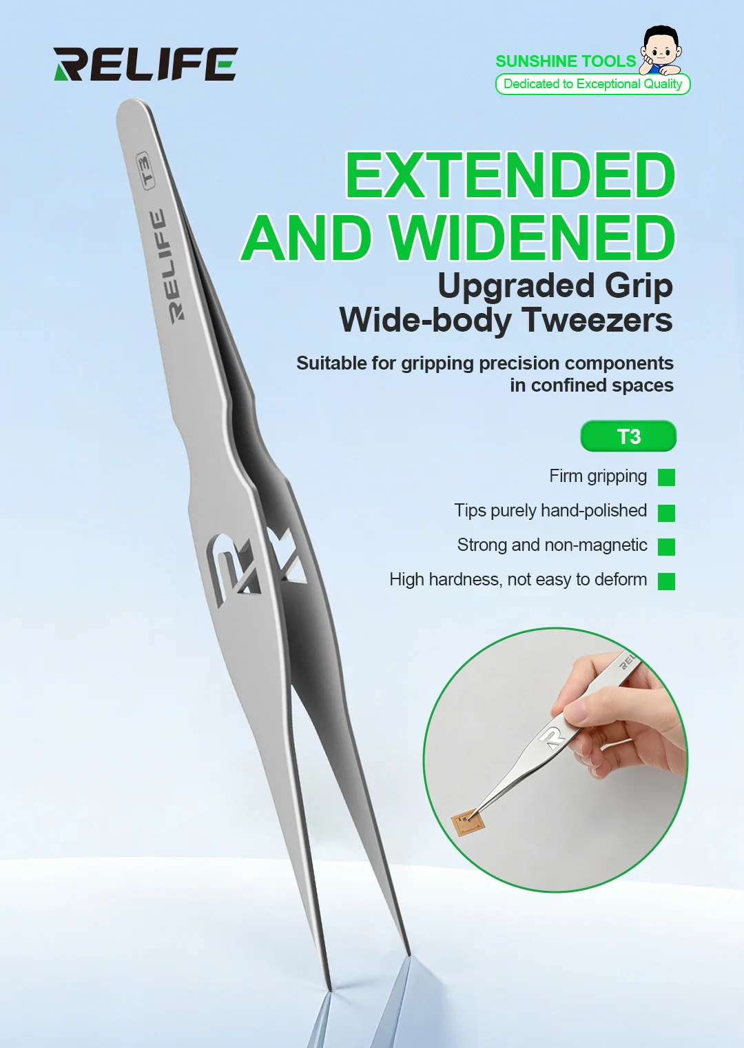 Пинцет RELIFE T3, точные противоскользящие профессиональные инструменты для обслуживания, мобильный телефон, компьютерный ремонт, инструмент для ремонта ручной работы
Пинцет RELIFE T3, точные противоскользящие профессиональные инструменты для обслуживания, мобильный телефон, компьютерный ремонт, инструмент для ремонта ручной работы