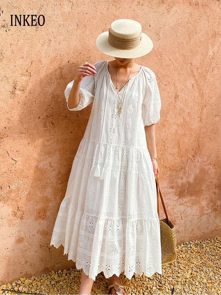 Short puff sleeve midi dress for women 2026 Summer High quality Lace embroider dresses Beach Loose White Clothing INKEO 6D051
Short puff sleeve midi dress for women 2026 Summer High quality Lace embroider dresses Beach Loose White Clothing INKEO 6D051