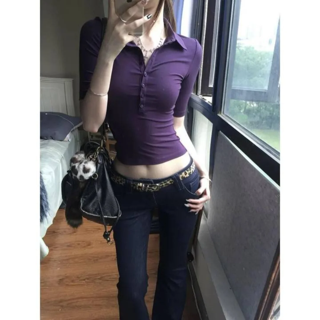 Summer fashion women's purple T-shirt single breasted slim fit pleated waist half sleeved shirt top elegant office women's top 
Summer fashion women's purple T-shirt single breasted slim fit pleated waist half sleeved shirt top elegant office women's top