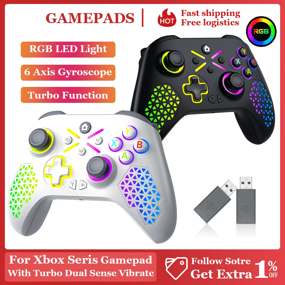 RGB-подсветка для контроллера Xbox Series X/Xbox, многофункциональный геймпад с двойной вибрацией, 6-осевым гироскопом и точными триггерами, беспроводной игровой контроллер.
RGB-подсветка для контроллера Xbox Series X/Xbox, многофункциональный геймпад с двойной вибрацией, 6-осевым гироскопом и точными триггерами, беспроводной игровой контроллер.