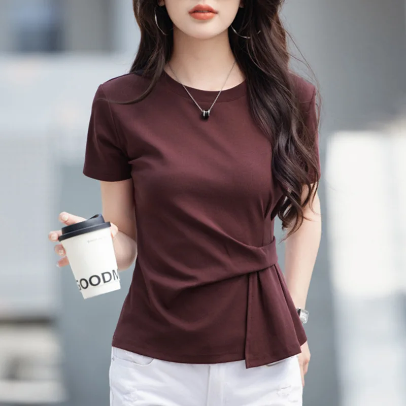 Ladies Short Sleeve Cotton Blend T-Shirt Ruched Waist Slim Fit Top For Daily Casual Wear
Ladies Short Sleeve Cotton Blend T-Shirt Ruched Waist Slim Fit Top For Daily Casual Wear