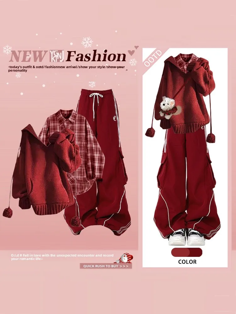Korean Style Casual Hooded Knitted Sweater Plaid Wide Leg Pants Three Piece Set Sporty Winter Anti-Aging Student Work Uniform
Korean Style Casual Hooded Knitted Sweater Plaid Wide Leg Pants Three Piece Set Sporty Winter Anti-Aging Student Work Uniform