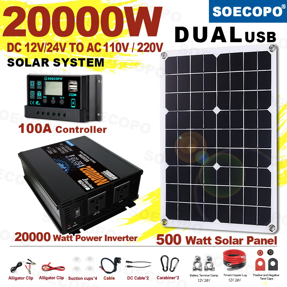 SOECOPO 20000W Complete Solar System Set 500W Solar Panel 100A Controller Inverter(2 sockets) 12V/24V 110V/220V for Home Camping
SOECOPO 20000W Complete Solar System Set 500W Solar Panel 100A Controller Inverter(2 sockets) 12V/24V 110V/220V for Home Camping
