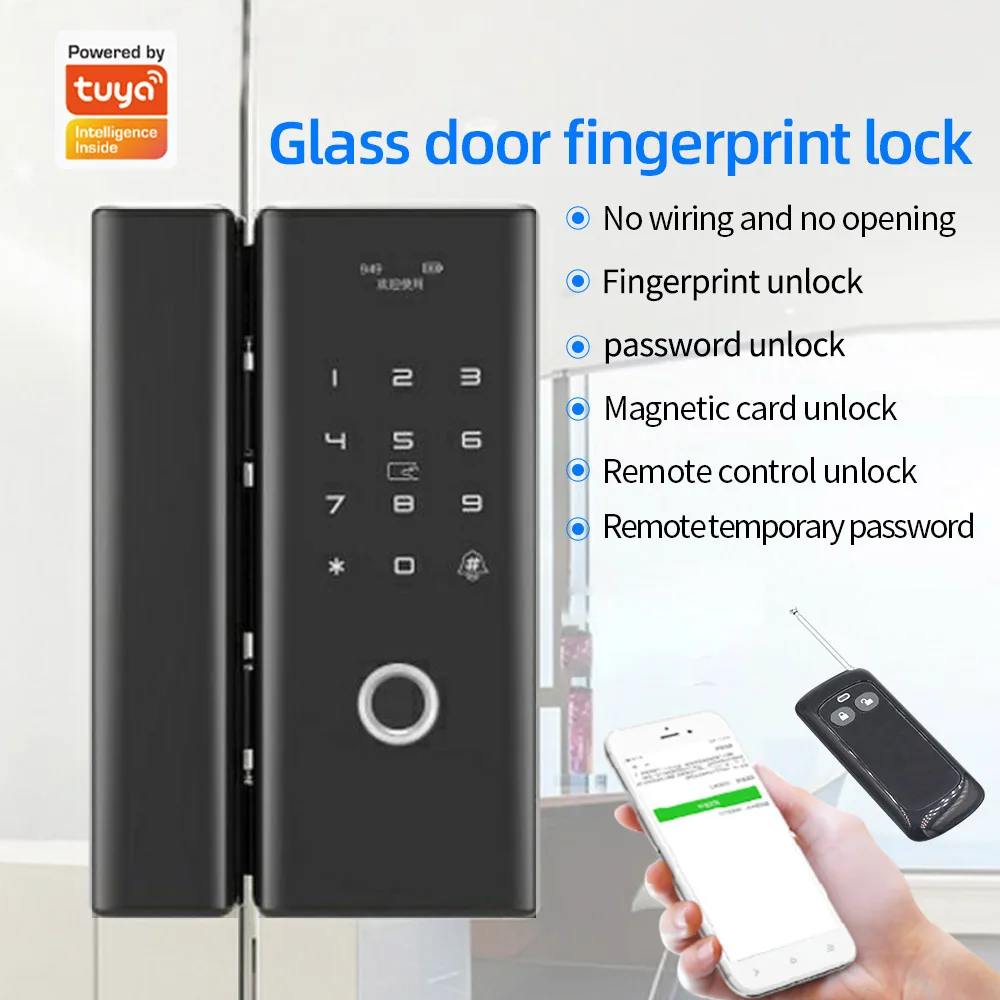 Support Tuya APP Smart Frameless Glass Door Lock Fingerprint Password Card No Drill No Wiring Remote Control Temporary Password