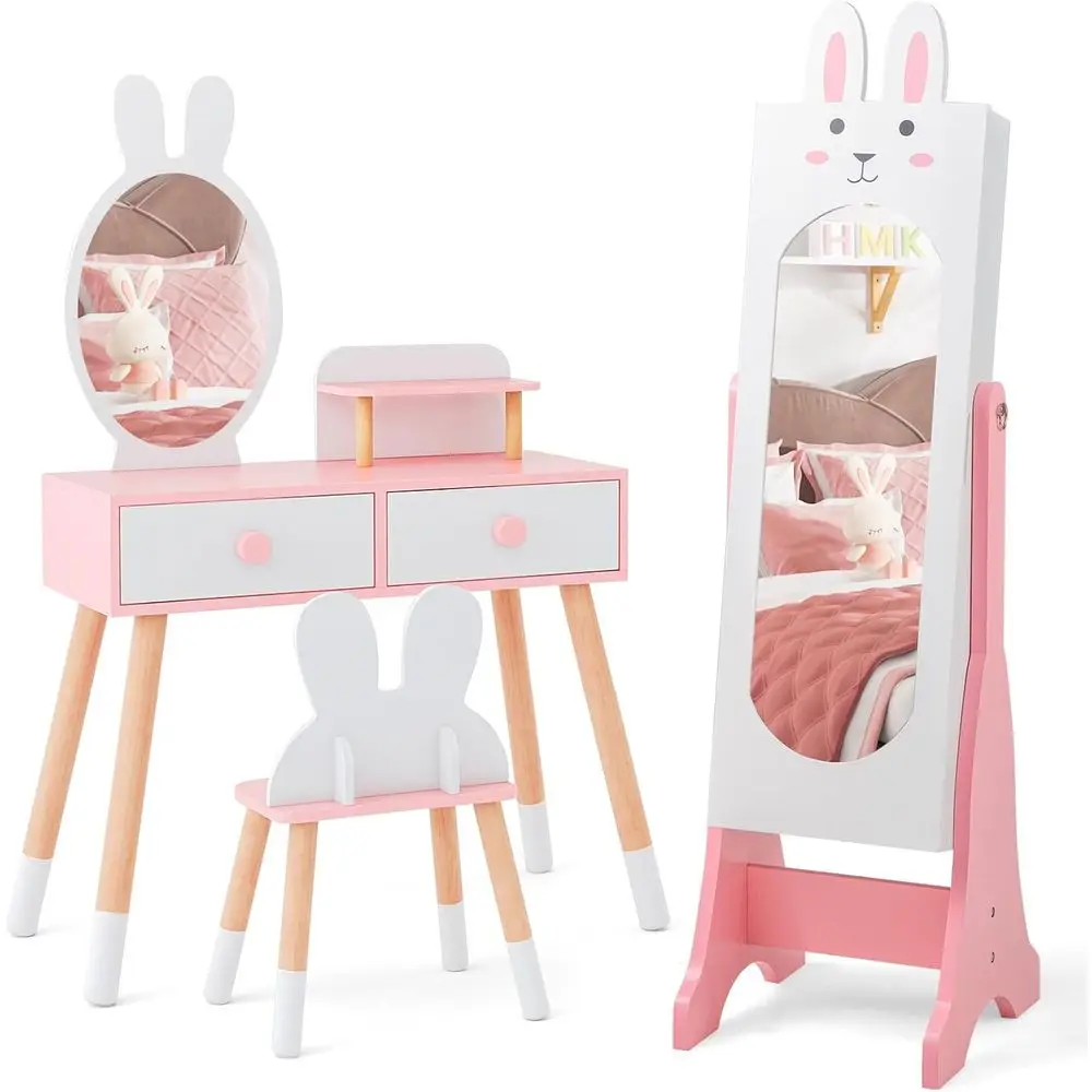 White Wooden Kids Vanity Set with Table, Chair, and Full-Length Mirror
White Wooden Kids Vanity Set with Table, Chair, and Full-Length Mirror