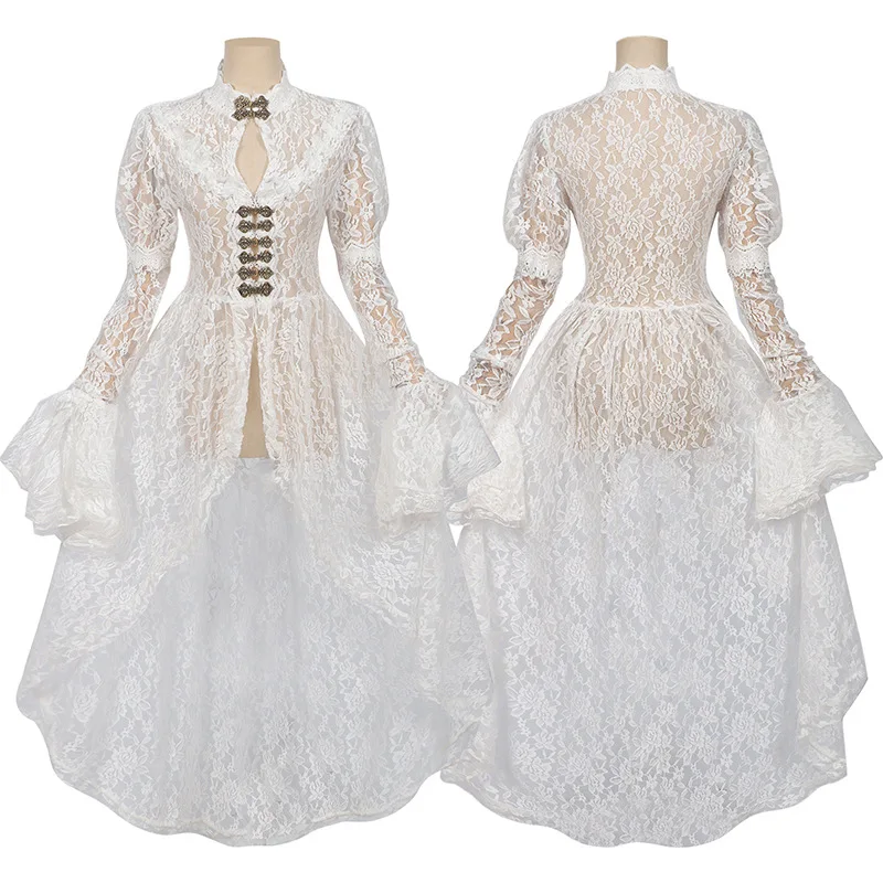 Women's Medieval Court Dress White Lace Queen Wedding Hollow Elegant Victorian Trumpet Sleeve Irregular Dress Cosplay Costume 
Women's Medieval Court Dress White Lace Queen Wedding Hollow Elegant Victorian Trumpet Sleeve Irregular Dress Cosplay Costume