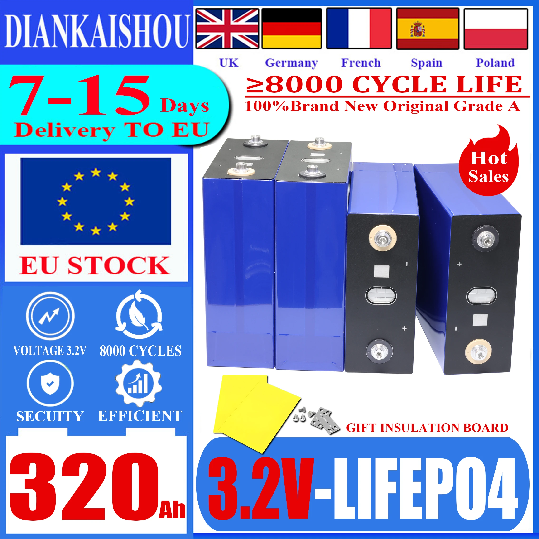 3.2V 320AH Lifepo4 Battery 7-15days EU STOCK DIY 12 V 24 V 48 V Lithium Iron Phosphate Cell for Camping EV RV Golf Shopping EU
3.2V 320AH Lifepo4 Battery 7-15days EU STOCK DIY 12 V 24 V 48 V Lithium Iron Phosphate Cell for Camping EV RV Golf Shopping EU