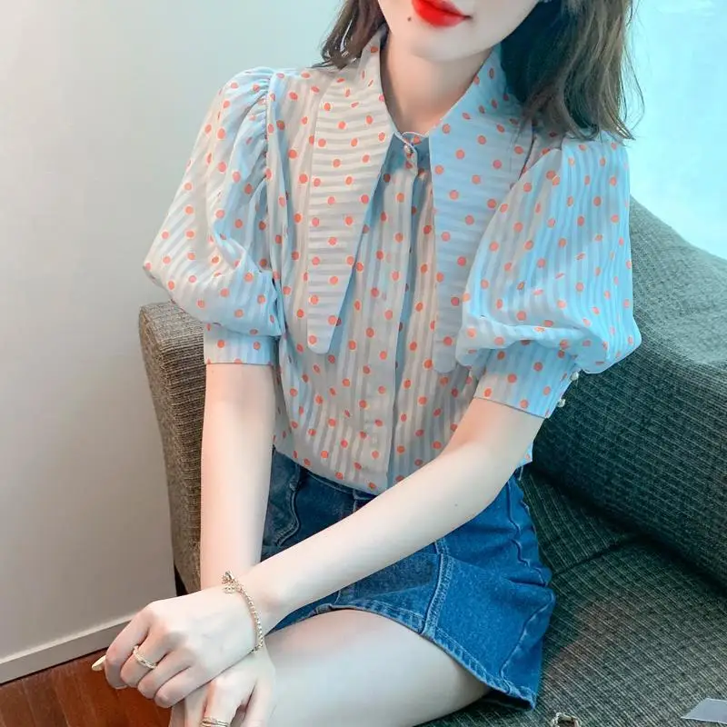 Vintage Polka Dot Youth Shirt Tops Summer New Short Sleeve Polo Neck Loose Printing Korean Blouse Fashion Elegant Women Clothing
Vintage Polka Dot Youth Shirt Tops Summer New Short Sleeve Polo Neck Loose Printing Korean Blouse Fashion Elegant Women Clothing