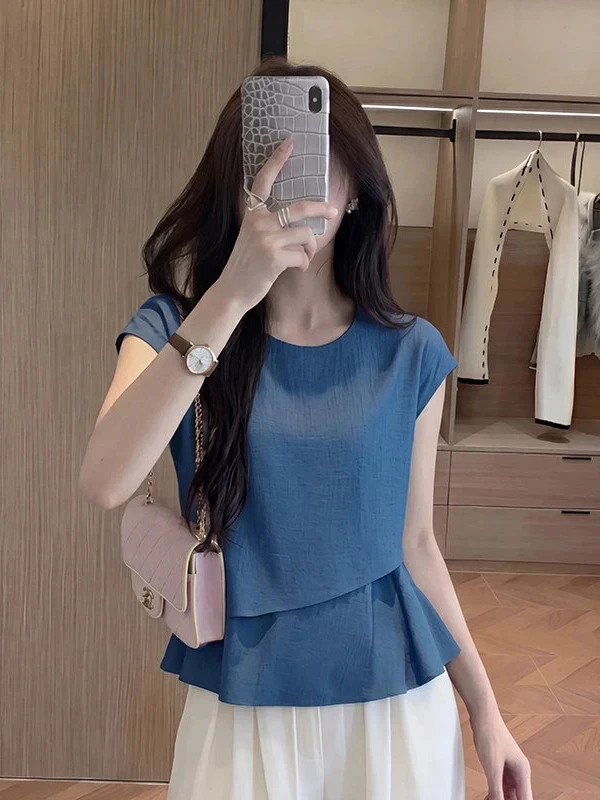 Ladies' Fashionable round Neck Overhead Top Loose Fit Short Sleeve Blue Asymmetrical Waist-Cinching Summer New Arrival
Ladies' Fashionable round Neck Overhead Top Loose Fit Short Sleeve Blue Asymmetrical Waist-Cinching Summer New Arrival