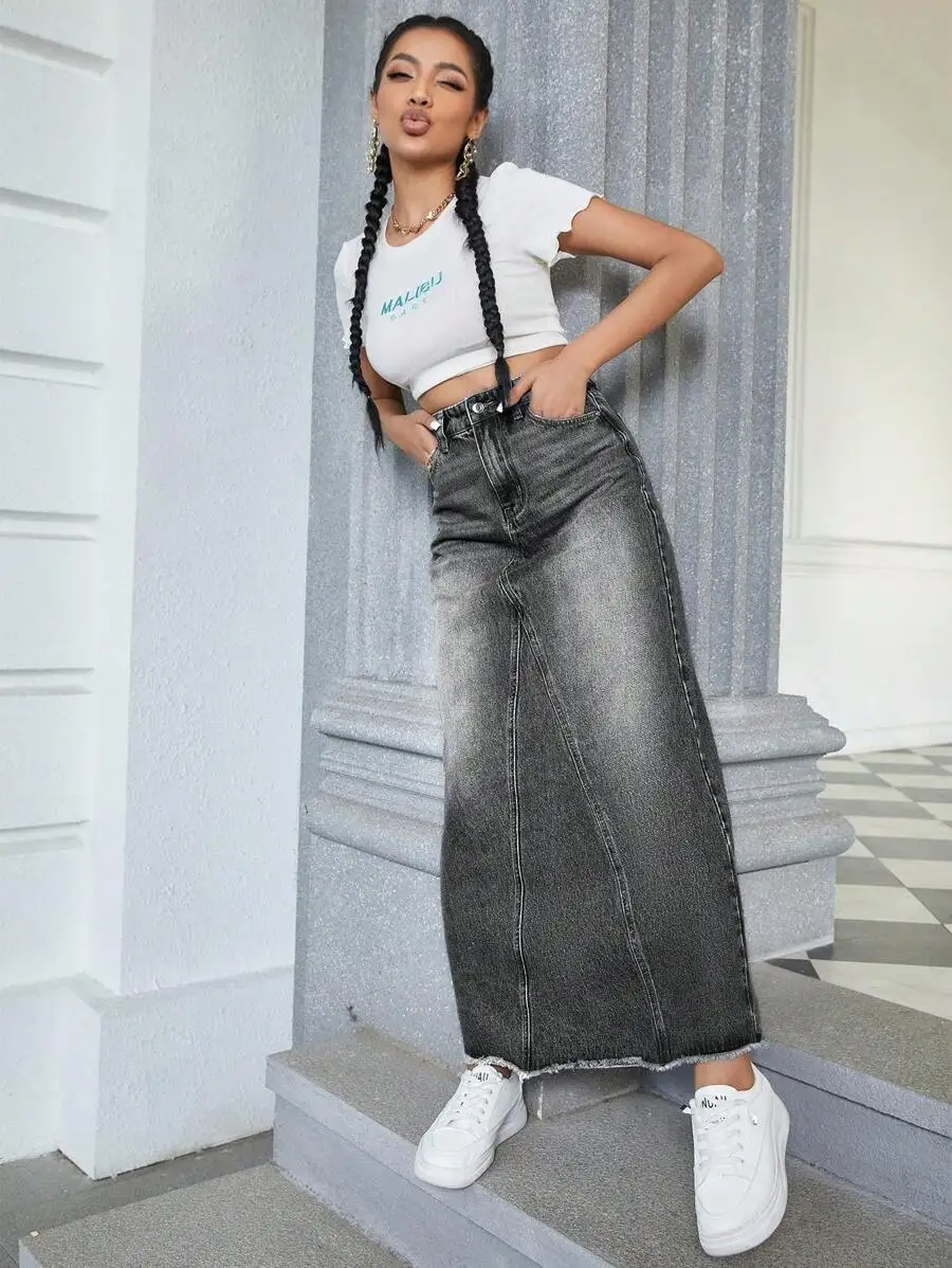 Women's Long Straight Casual Denim Midi Skirt with Pockets, Distressed Hem
Women's Long Straight Casual Denim Midi Skirt with Pockets, Distressed Hem