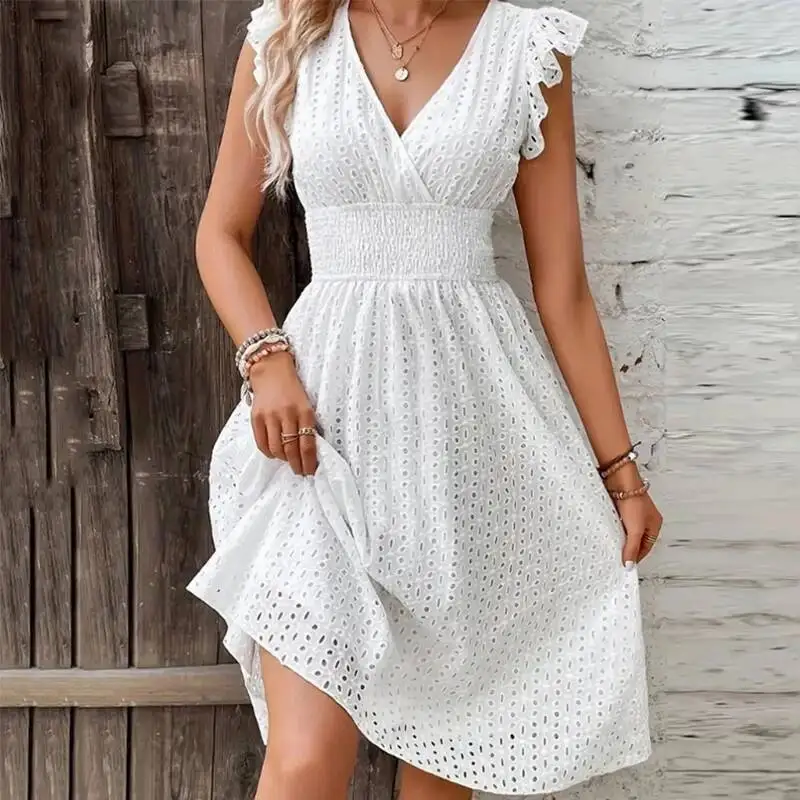 Summer Women V-Neck Flare Sleeve Solid Color Hollow Lace Waist Dress Casual Beach Holiday Dresses
Summer Women V-Neck Flare Sleeve Solid Color Hollow Lace Waist Dress Casual Beach Holiday Dresses