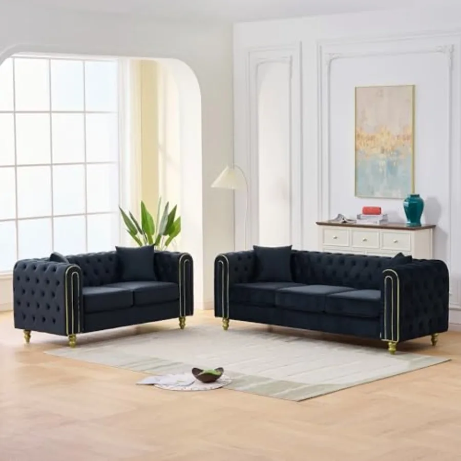 149" Modern Chesterfield Velvet Sofa, Luxury 3-Seater Loveseat Set Couch with Button Tufted Rolled Arms and Gold Pine Legs, Hig
149" Modern Chesterfield Velvet Sofa, Luxury 3-Seater Loveseat Set Couch with Button Tufted Rolled Arms and Gold Pine Legs, Hig