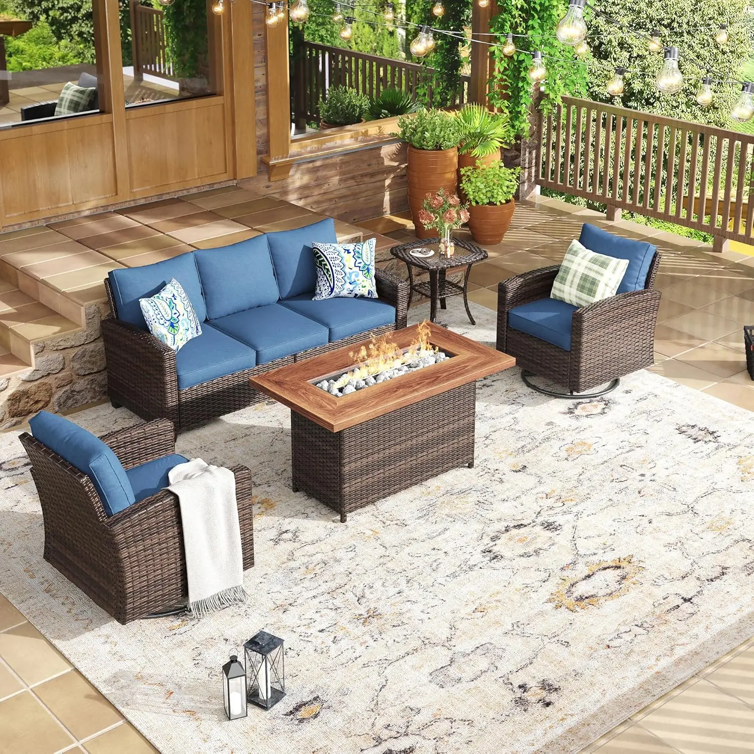 Комплект для отдыха на открытом воздухе из 4 предметов: плетеный диван на 3 места, 2 вращающихся кресла, стол для костра, синие подушки, на заказ
Комплект для отдыха на открытом воздухе из 4 предметов: плетеный диван на 3 места, 2 вращающихся кресла, стол для костра, синие подушки, на заказ