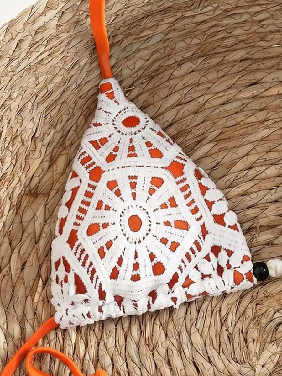 White Crochet Lace Triangle Bikini Top With Wooden Bead Accents For Women
White Crochet Lace Triangle Bikini Top With Wooden Bead Accents For Women