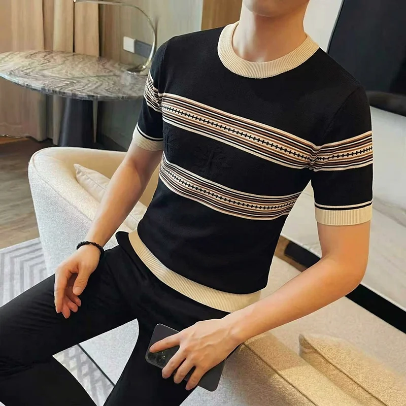 Summer Men's Round Neck Short Sleeved T-shirt Ice Silk Striped Knitted Jacquard T-shirts Slim Fit Casual Business Tshirt 2026
Summer Men's Round Neck Short Sleeved T-shirt Ice Silk Striped Knitted Jacquard T-shirts Slim Fit Casual Business Tshirt 2026