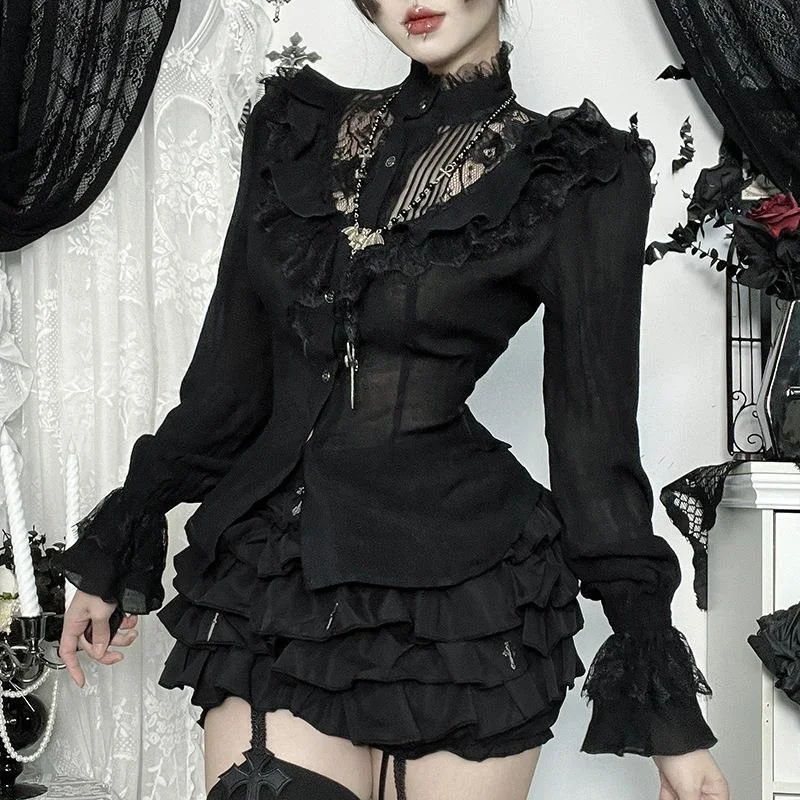 Halloween New Style Lace Hollow Long Sleeve Shirt Autumn Dark Style Comfortable Casual Blouse Cleanfit PU Material Thin Model
Halloween New Style Lace Hollow Long Sleeve Shirt Autumn Dark Style Comfortable Casual Blouse Cleanfit PU Material Thin Model
