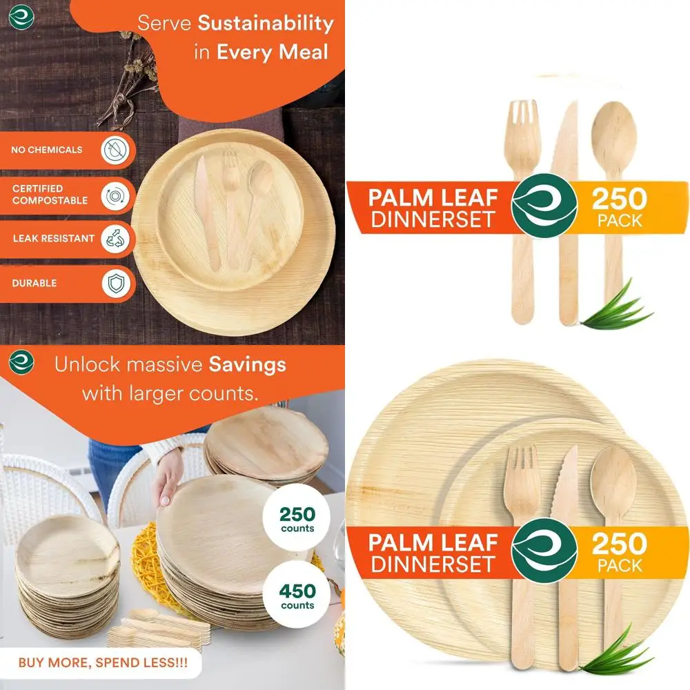 Экологичный набор посуды из пальмовых листьев: 250 предметов на 50 гостей (10 и 6 тарелок, столовые приборы) - биоразлагаемый, для мероприятий
Экологичный набор посуды из пальмовых листьев: 250 предметов на 50 гостей (10 и 6 тарелок, столовые приборы) - биоразлагаемый, для мероприятий