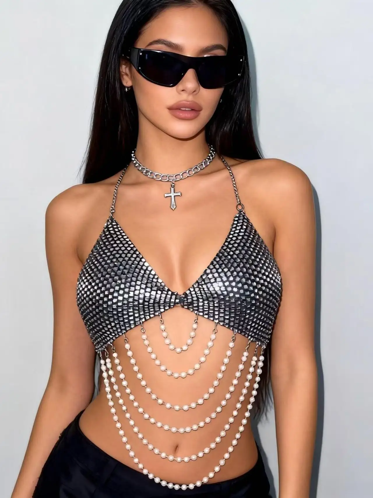 Handmade Fishnet Halter Corset Lace-Up Top Multi-Layer Pearl Detail Nightclub Party Hottie Suspender Top for Women
Handmade Fishnet Halter Corset Lace-Up Top Multi-Layer Pearl Detail Nightclub Party Hottie Suspender Top for Women
