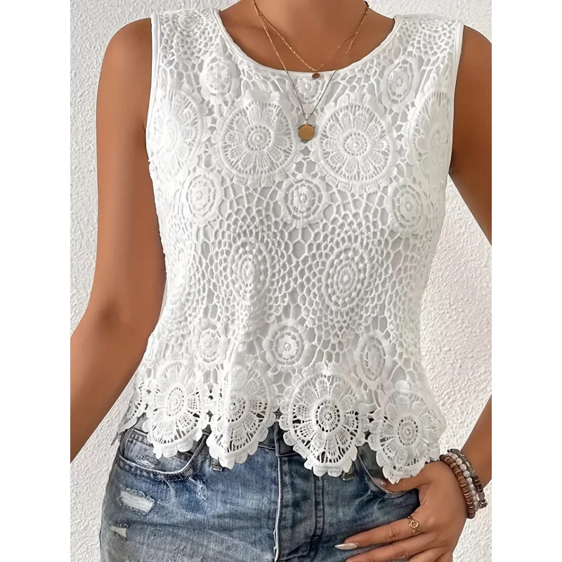 Sleeveless Top with a Round Neck, Featuring a Hook And Flower Design, Women'S Casual Vacation Wear
Sleeveless Top with a Round Neck, Featuring a Hook And Flower Design, Women'S Casual Vacation Wear