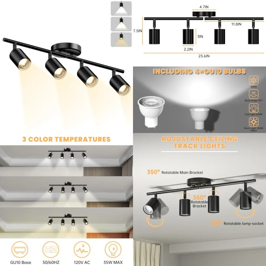 LED 4 Light Track Lighting Kit, Black Ceiling Spotlights, Modern Track Light Fixture with Flexibly Rotatable Light Heads for Ki
LED 4 Light Track Lighting Kit, Black Ceiling Spotlights, Modern Track Light Fixture with Flexibly Rotatable Light Heads for Ki