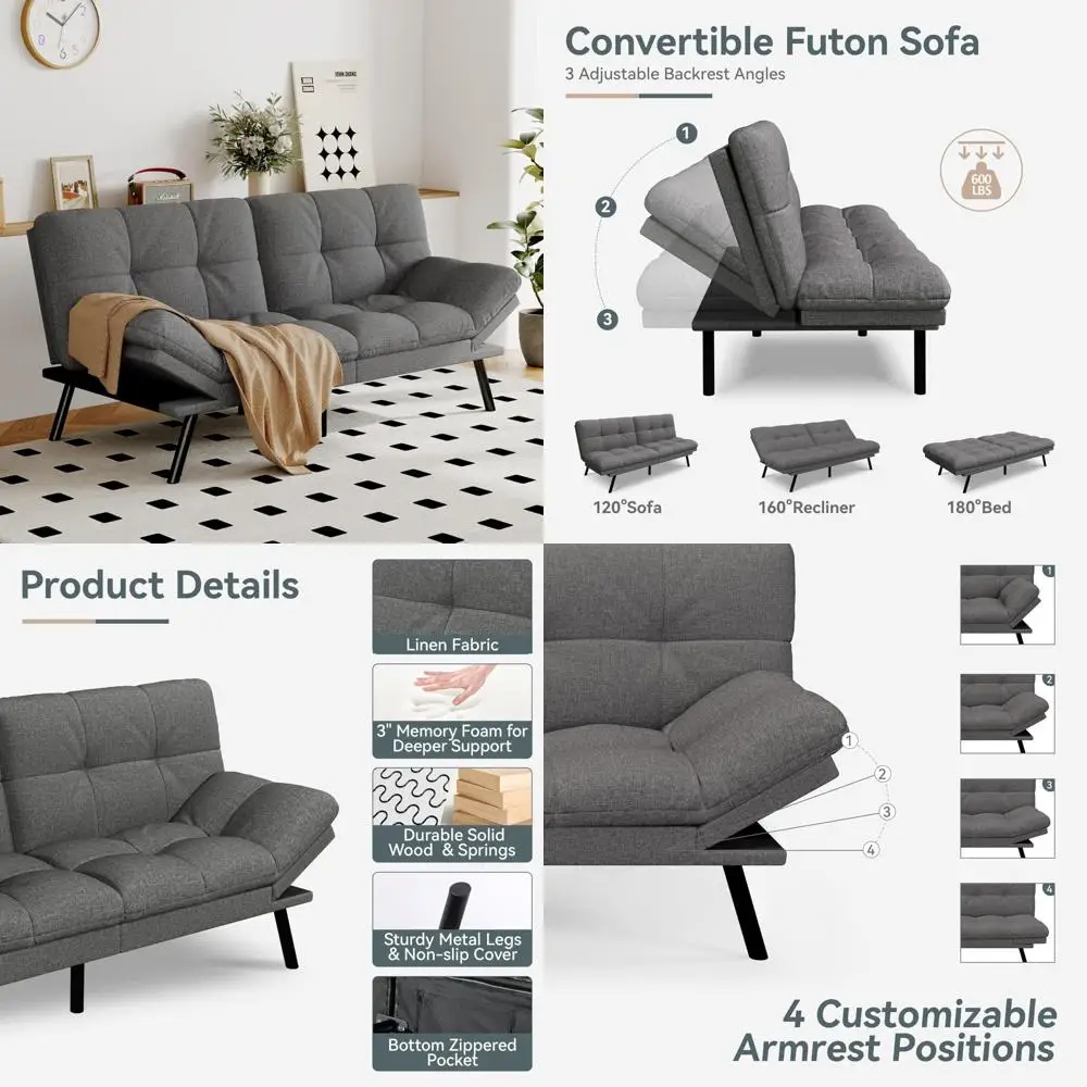 Convertible Futon Sofa Bed in Grey Linen with Adjustable Backrest and Armrests, Folding Recliner Sleeper Couch
Convertible Futon Sofa Bed in Grey Linen with Adjustable Backrest and Armrests, Folding Recliner Sleeper Couch