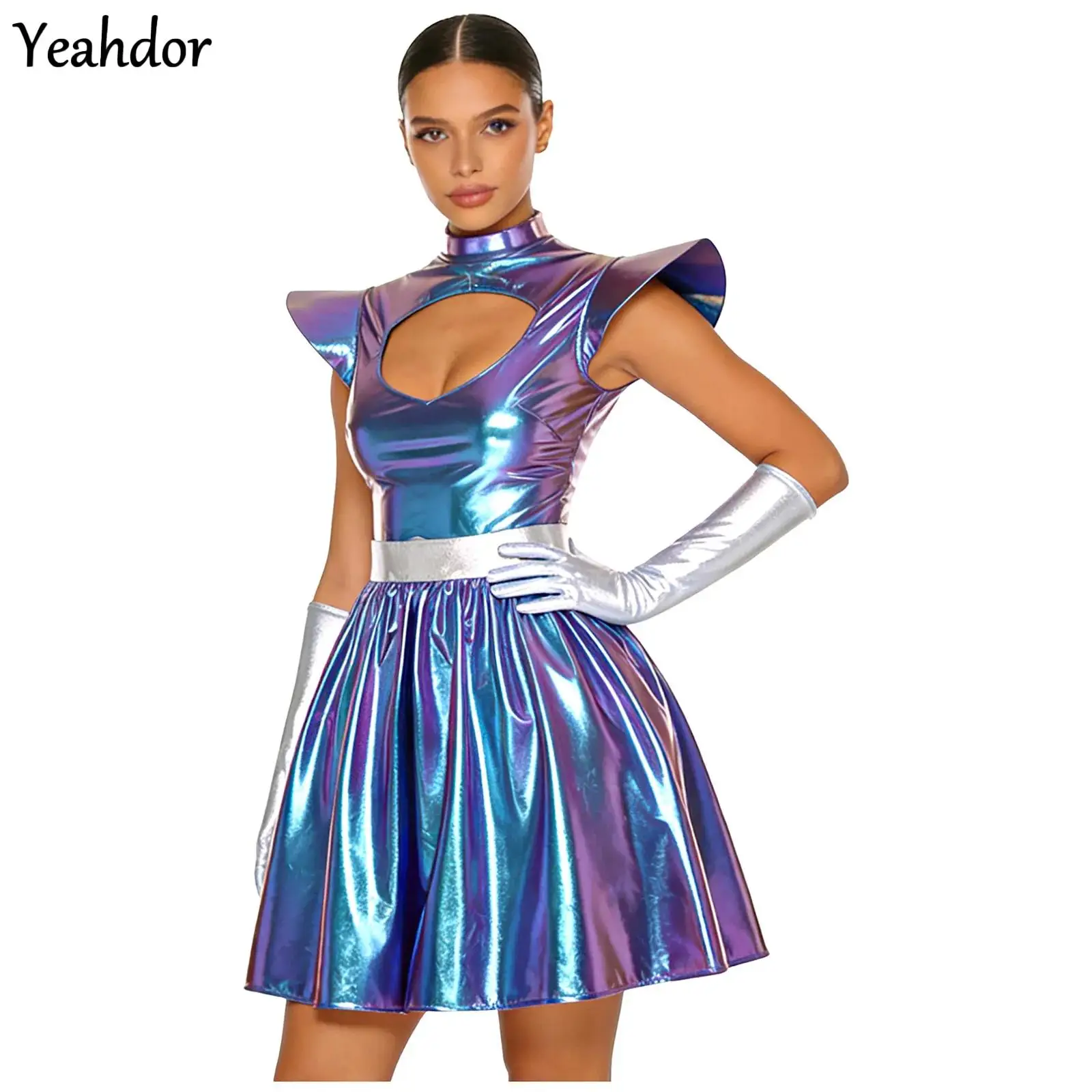 Women Shiny Alien Outerspace Cosplay Costume Metallic Cap Sleeve A-line Tutu Dress with Gloves Set Halloween Astronaut Dress Up
Women Shiny Alien Outerspace Cosplay Costume Metallic Cap Sleeve A-line Tutu Dress with Gloves Set Halloween Astronaut Dress Up