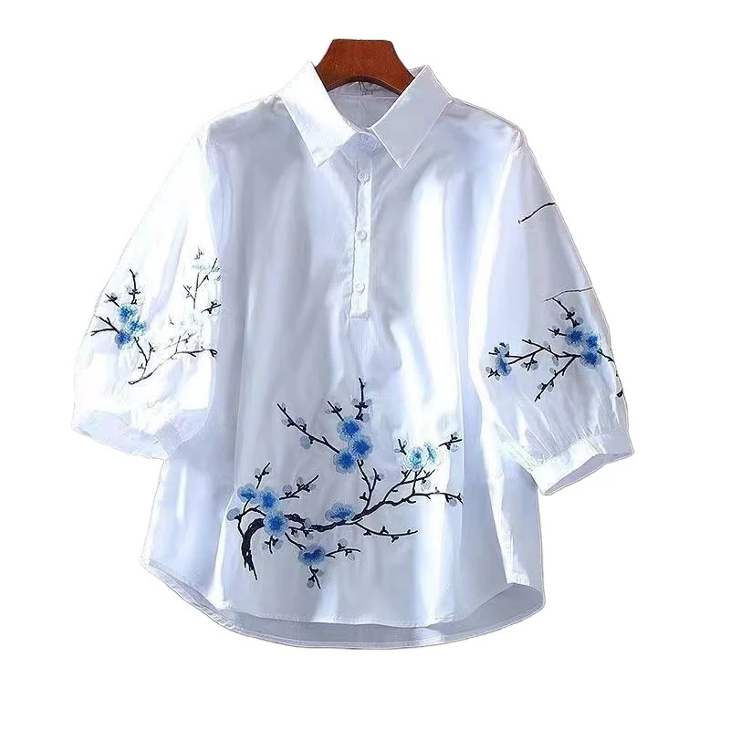 Korean Elegant Embroidered Loose Casual Three Quarter Sleeved Thin Blouse Ladies Tops Shirt Women's Summer New 2025
Korean Elegant Embroidered Loose Casual Three Quarter Sleeved Thin Blouse Ladies Tops Shirt Women's Summer New 2025