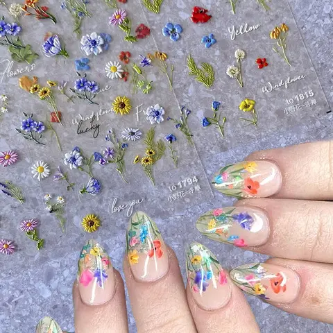 1Pcs Elegant Dried Flowers Nail Sticker 5D Wildflowers Daisy Floral Leaf Nail Decals Self-Adhesive Blossom Manicure Sticker Deco