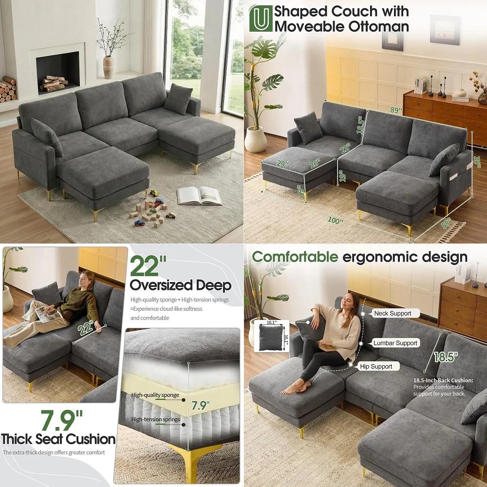 100 W U Shaped Couch with Ottoman, 22 Deep Seat Comfortable Sectional Couches for Living Room, 3 Seater Chenille Fabric Cloud S
100 W U Shaped Couch with Ottoman, 22 Deep Seat Comfortable Sectional Couches for Living Room, 3 Seater Chenille Fabric Cloud S