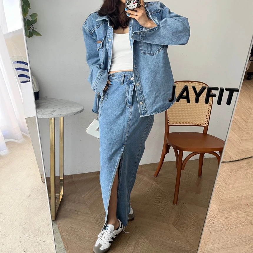 Faionable Collar ket Single Button Denim irt Women's Split Hem Cotton Skirt Set Long Sve Spring Season Ensemble
Faionable Collar ket Single Button Denim irt Women's Split Hem Cotton Skirt Set Long Sve Spring Season Ensemble