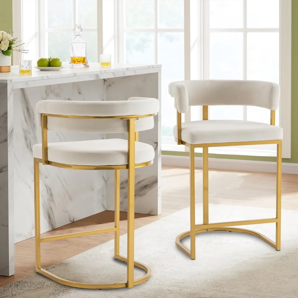Set of 2 Beige Modern Velvet Bar Stools with Barrel Backrest, Upholstered Seat, and Gold Metal Footrest – 25.6-Inch Seat Height,
Set of 2 Beige Modern Velvet Bar Stools with Barrel Backrest, Upholstered Seat, and Gold Metal Footrest – 25.6-Inch Seat Height,